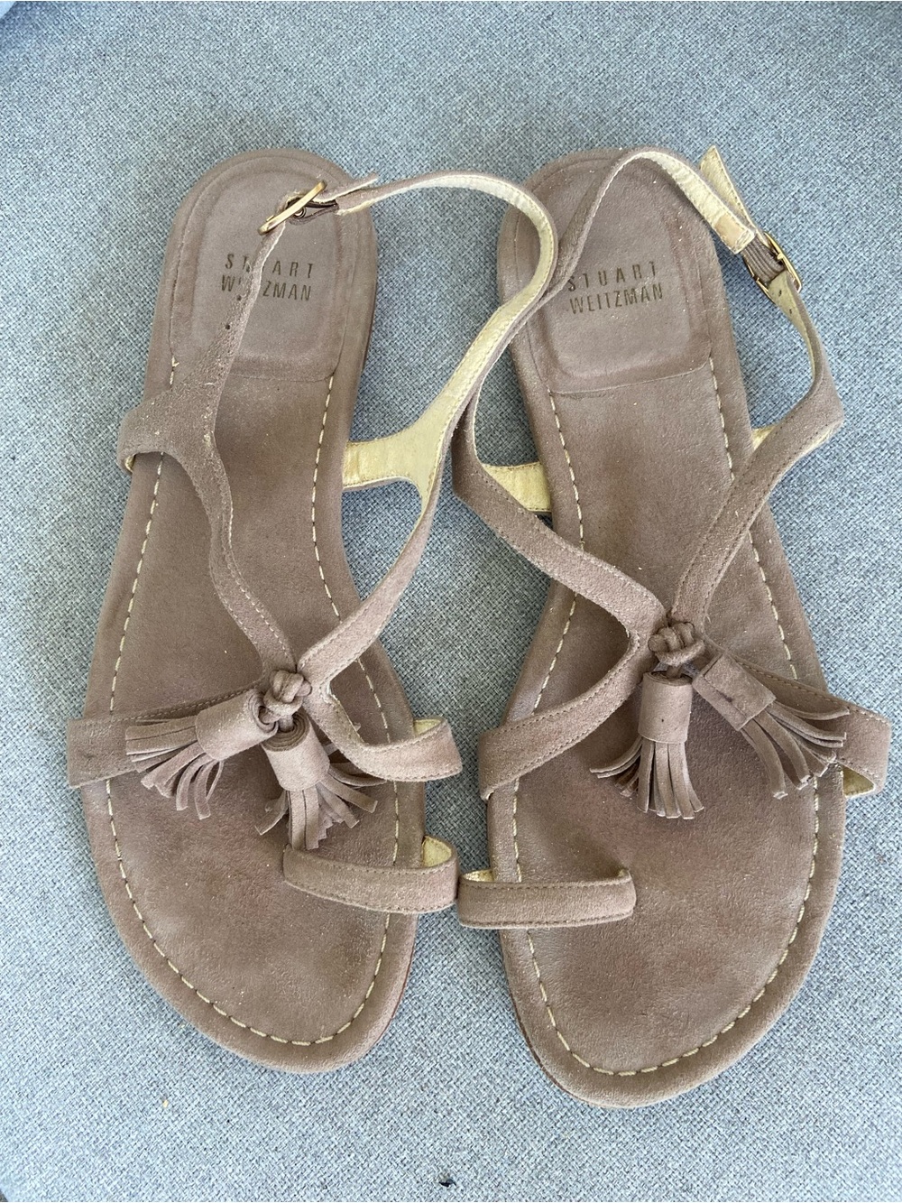 Stuart Weitzman Taupe Suede Tassel Strap Sandals